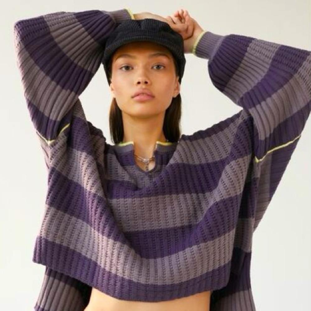 BDG (Small) Purpley Brown “Allie” Waffle Knit Cropped Oversized Striped Sweater